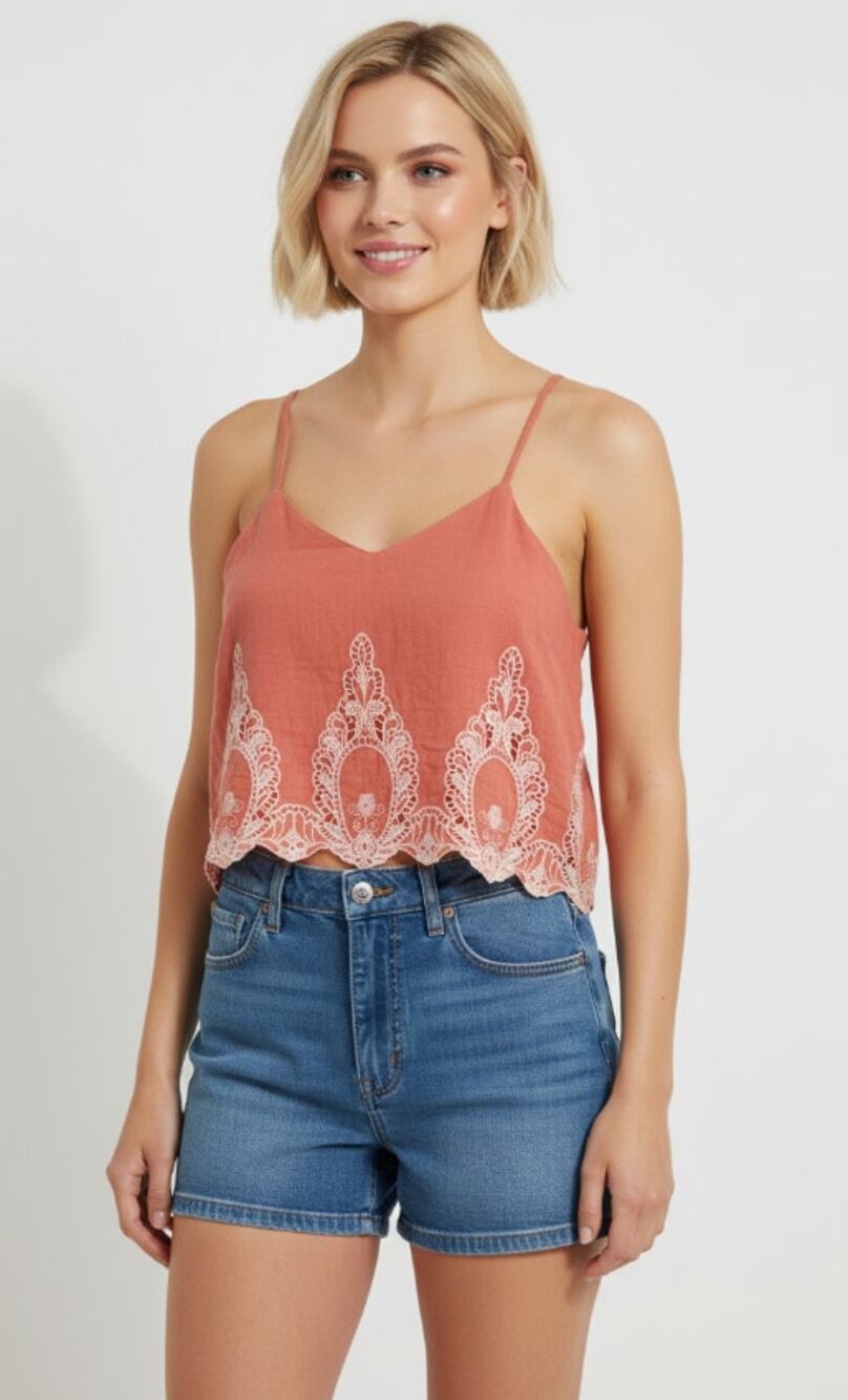 Chelsea & Violet Coral Pink Lace Trim Cropped Camisole Tank Top Scalloped Medium
